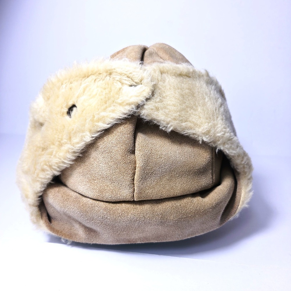 Vintage Suede Trapper Hat Mens Tan Leather Aviator Ear Flap Cap Portugal Fur - Picture 2 of 9
